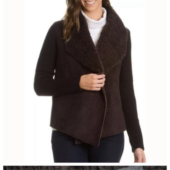 CHELSEA & THEODORE Brown  Open‎ Front Sweater Jacket Faux Fur Faux Suede XX-Cozy - Picture 1 of 10